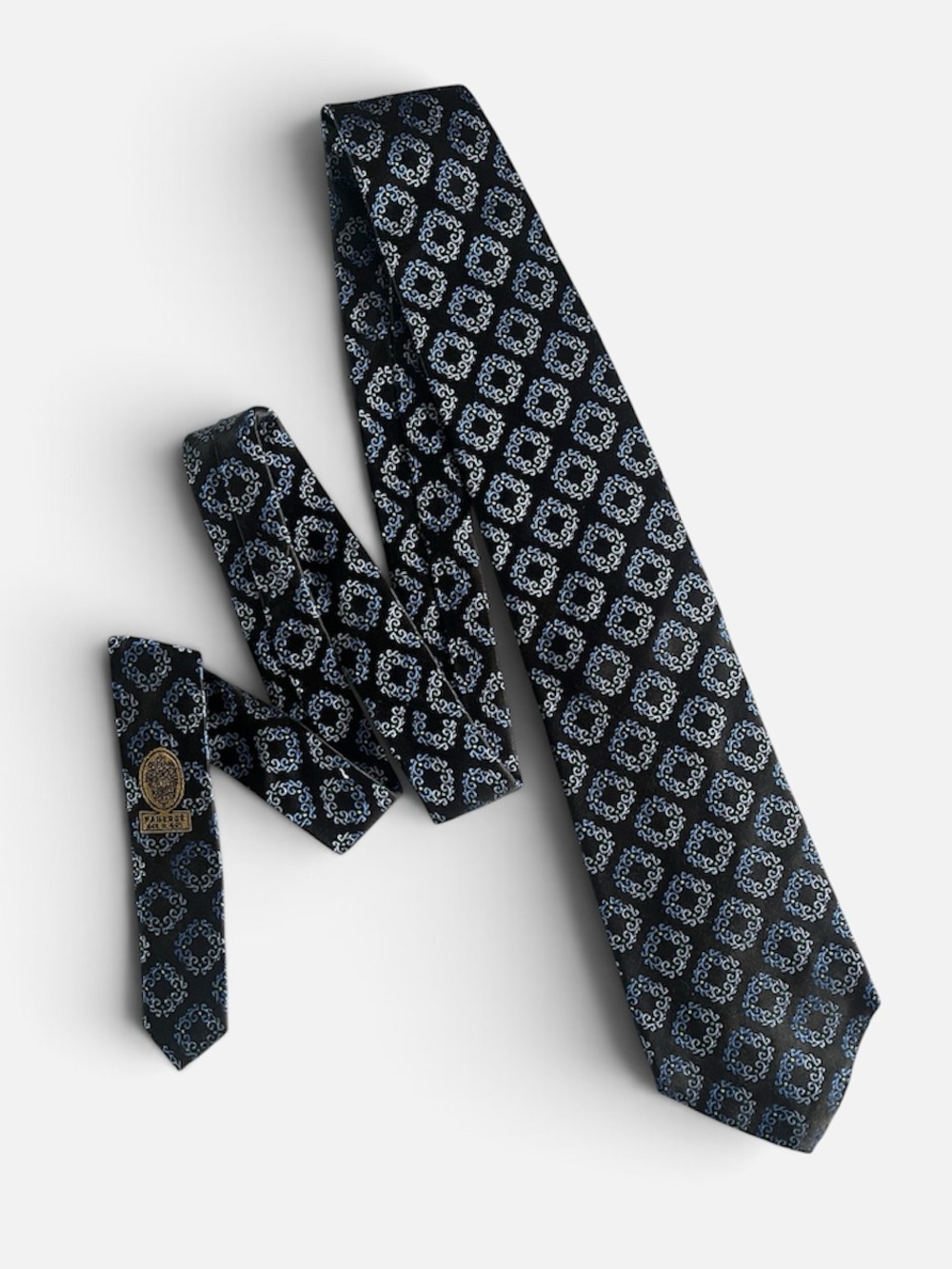 FABERGE Silk Medallion Scroll Tie Black and Blue Handmade in USA